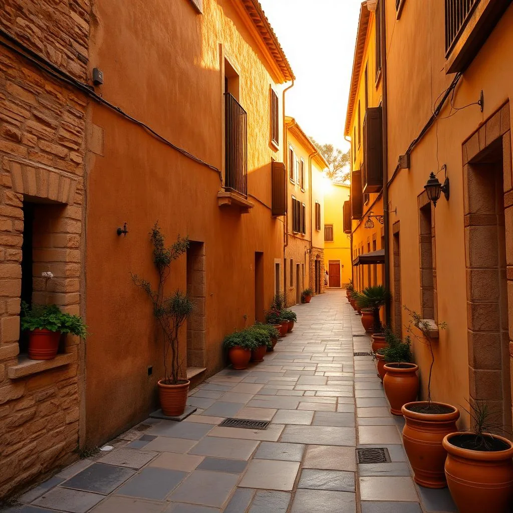 A quiet Mallorcan village street at golden hour